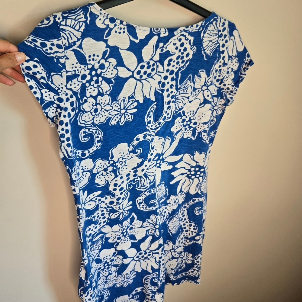 Lilly Pulitzer Blue White Floral Sea Creature Cotton V-Neck Tassel Dress M READ - Picture 5 of 8